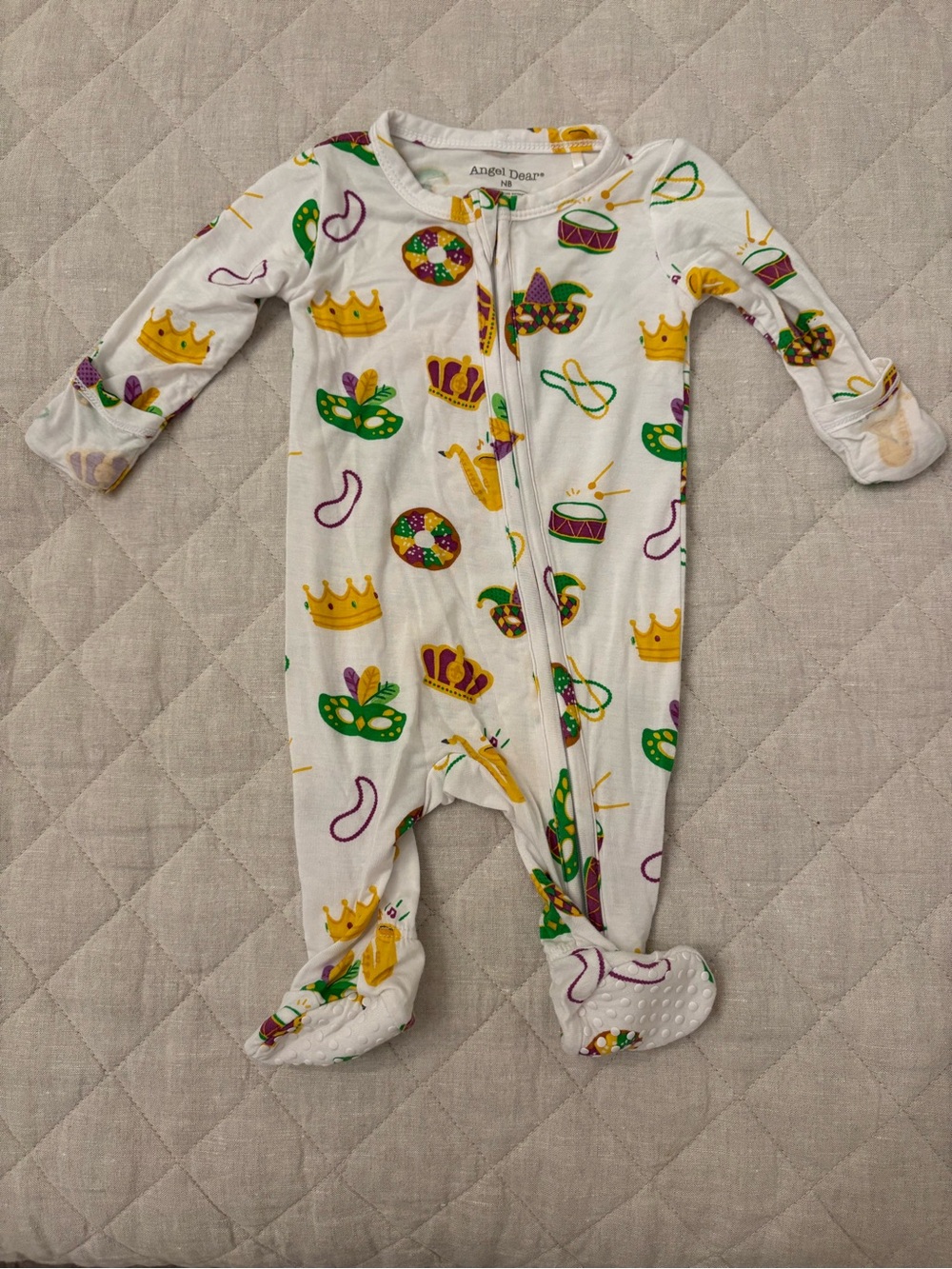 Angel Dear White Footed One-Piece with Mardi Gras Crowns & Drums